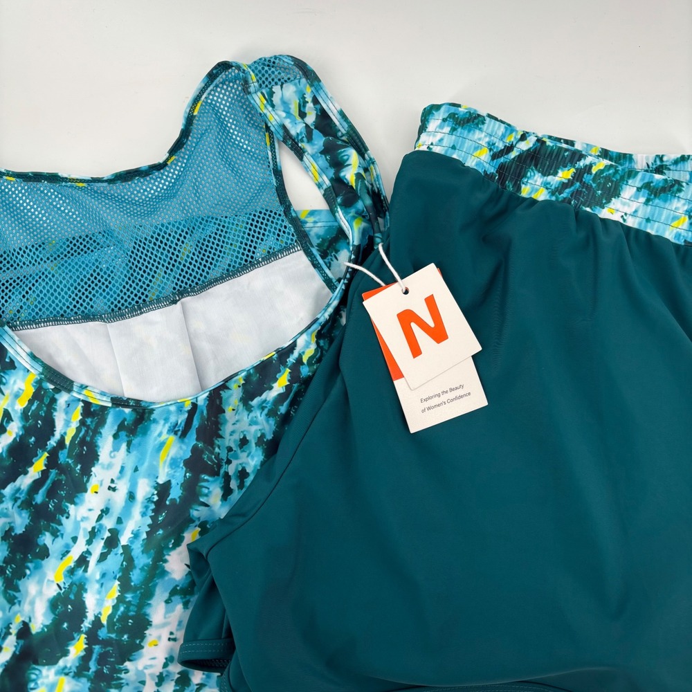 Nieyook Women Tankini Swimsuit 20W Teal Blue Abstract Mesh Back Two Piece Set